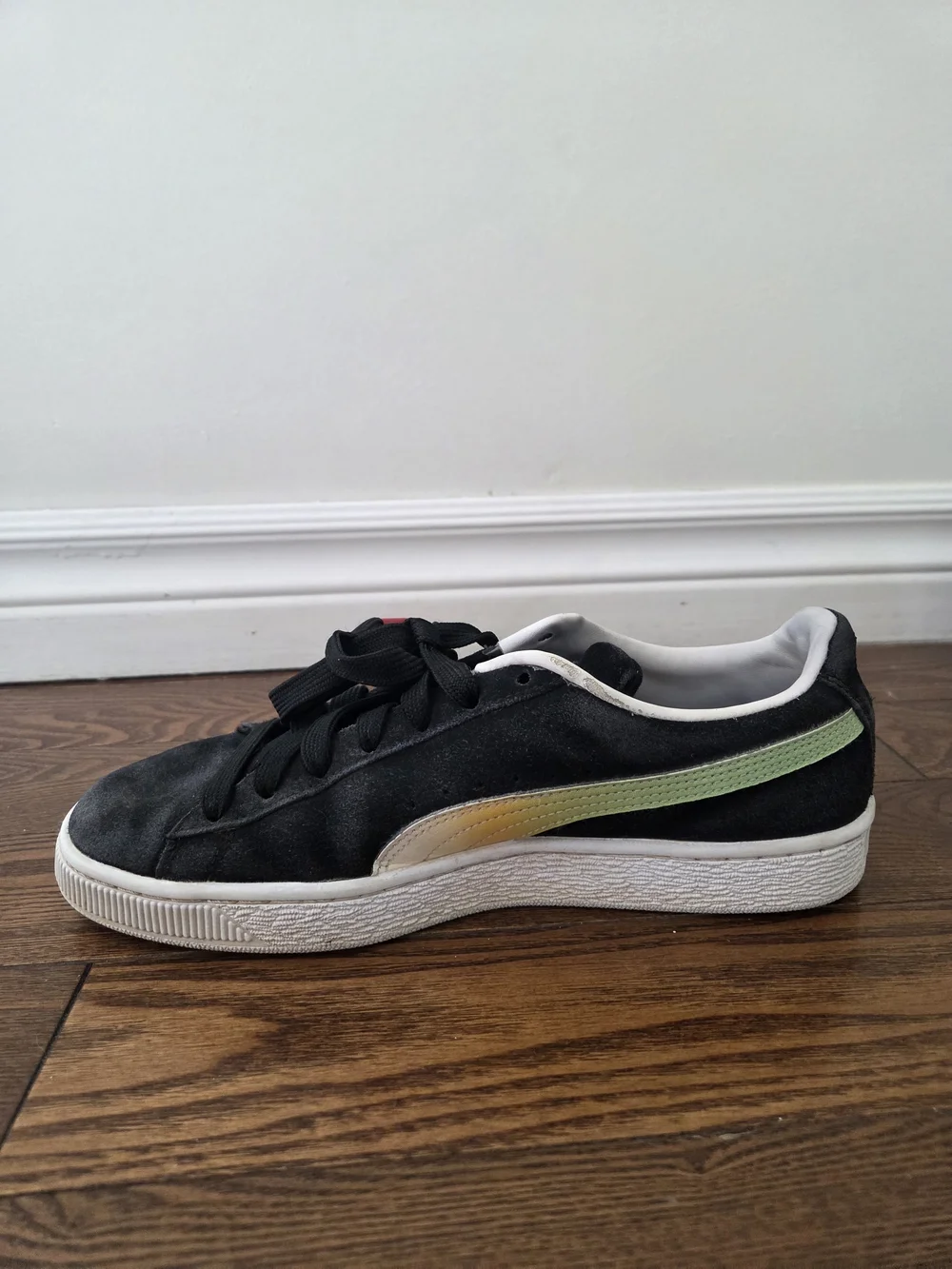 Puma X 2K Men  Black Suede Sneaker with Green & Yellow Accent 8.5